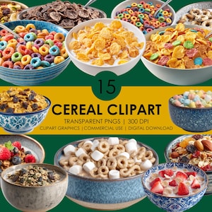 15 Cereal Clipart, Cereal PNG, Breakfast Food Clipart, Realistic Cereal Bowl Graphics, Morning Snack PNG, Morning Meal Clipart, Food PNG