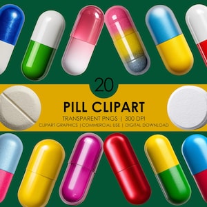20 clipart de pílulas, pílula PNG, clipart de remédios, cápsulas PNG, clipart de farmácia, pacote de PNG médico, gráficos de saúde, clipart realista de medicamentos