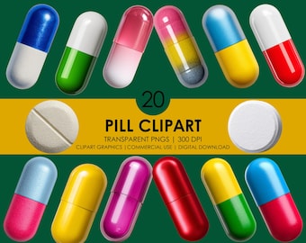 Pill Clipart Bundle: Realistic Medicine Graphics (Digital Download, 20 PNGs)