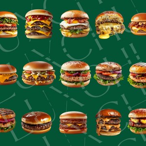 May include: A collection of 15 different gourmet burgers with various toppings, including lettuce, tomato, cheese, and pickles. The burgers are arranged in three rows of five, with a green background.