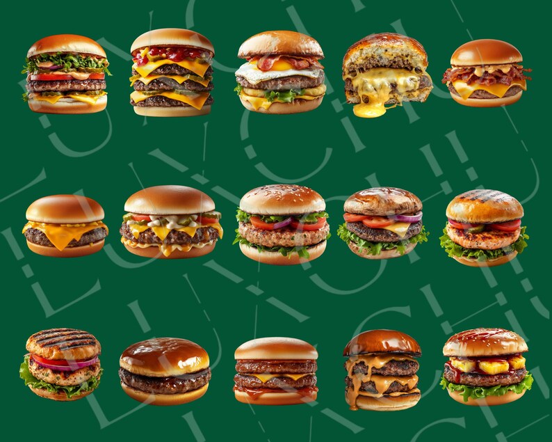 May include: A collection of 15 different gourmet burgers with various toppings, including lettuce, tomato, cheese, and pickles. The burgers are arranged in three rows of five, with a green background.