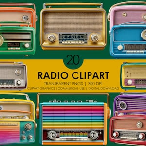 Peut inclure: Plusieurs radios vintage colorées, de différentes formes et couleurs, dont le vert, l'or, le rose, le bleu, le jaune et le rouge. Le texte "20 RADIO CLIPART" est également présent.