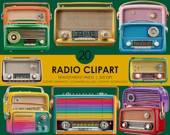 20 Radio Clipart, Vintage Radio PNG, Retro Audio, Music Device Graphics, Classic Radio Digital Download