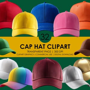 Op de afbeelding: Een verzameling baseballpetten in verschillende kleuren, waaronder rood, blauw, geel, roze, oranje, groen, bruin, wit en goud. De afbeelding bevat ook een regenboogkleurige pet en de tekst "CAP HAT CLIPART".