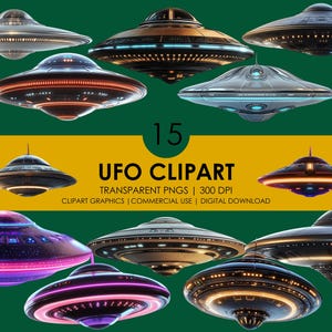 以下が含まれることがあります： 様々な形と大きさのUFOのデジタルクリップアート画像15点セット。UFOは、金属製の表面と輝く光で現実的なスタイルでレンダリングされています。画像は、グラフィックデザインプロジェクト、ウェブサイト、ソーシャルメディアでの使用に最適です。