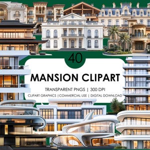 40 Mansion Clipart| Building Clipart| Realistic Clipart| Casa, Casa PNG| Edifícios PNG| Luxury Building Bundle| Gráficos imobiliários