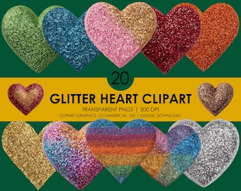 20 Glitter Heart Clipart, Heart PNG, Sparkly Love, Shiny Hearts Graphics, Valentine Digital Download