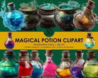 Imágenes prediseñadas de poción mágica: Gráficos de botella de elixir de fantasía (Descarga digital PNG)