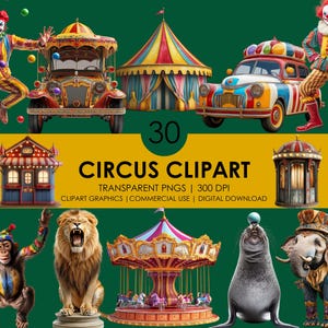 30 imágenes prediseñadas de circo/ PNG de circo/ Carpa de circo/ Decoración infantil/ Fiesta de circo/ Imágenes prediseñadas de animales/ Imágenes prediseñadas de carnaval/ Imágenes prediseñadas de payaso/ Imágenes prediseñadas realistas