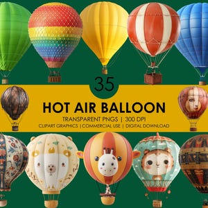 35 Clipart balonu na ogrzane powietrze | Balon w stylu vintage | Balon z kreskówek | Realistyczny balon na ogrzane powietrze | Balon na ogrzane powietrze w kształcie kwiatu | Balon na ogrzane powietrze w kształcie zwierzęcia