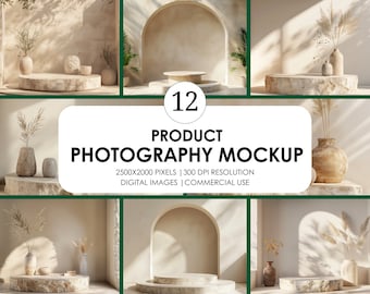Product Photography Podium Mockup: Minimalist Beige Backgrounds (JPEG File)