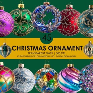 45 Adornos navideños Clipart / Decoración navideña / Adorno de árbol PNG / Clipart realista / Gráficos de adornos / Adorno navideño / Clipart realista