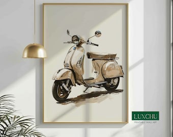 Vintage Vespa Oil Painting Print: Coastal Beige Scooter (Digital Download)