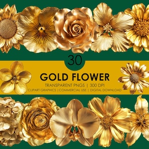 30 flores doradas Clipart / Clipart floral dorado / Flores doradas / Clipart floral png / Gráficos de flores / PNG botánico / Clipart floral digital