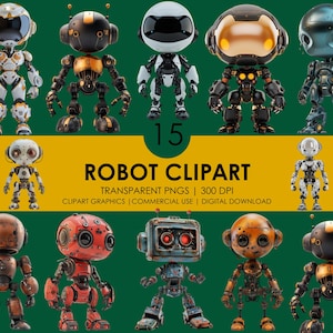 May include: A set of 15 robot clipart images. The robots are in various poses and colors, including red, blue, green, black, and white. The robots are all cartoon-style and have large heads and eyes. The image includes the text "ROBOT CLIPART" and "TRANSPARENT PNGS | 300 DPI".