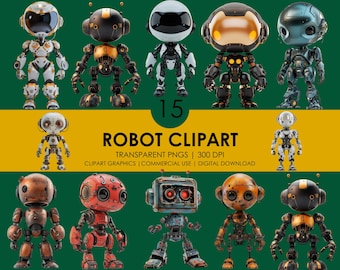 15 Clipartów Robota| Robot PNG| Clipart Maszyny| Grafika Robota| Uroczy Clipart Robota dla Dzieci| Futurystyczny Robot| Clipart Sci-Fi