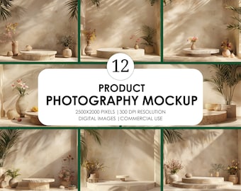 Product Photography Podium Mockup Bundle: Minimal Beige Backgrounds (JPEG File)