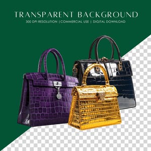 Pu&ograve; includere: Tre diverse borse a mano in viola, oro e nero. Le borse a mano sono realizzate in pelle con effetto coccodrillo.