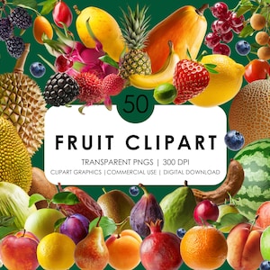 50 clipart di frutta/Clipart realistica di frutta/mela/frutta Png/frutta tropicale/limone, banana, arancia, fragola, ananas, grafica di fico