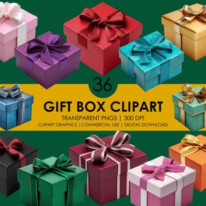 May include: A collection of colorful gift boxes with satin bows in various colors, including pink, red, gold, and teal. The image includes the text "36 GIFT BOX CLIPART" and details about the graphics.