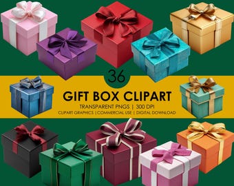 May include: A collection of colorful gift boxes with satin bows in various colors, including pink, red, gold, and teal. The image includes the text "36 GIFT BOX CLIPART" and details about the graphics.