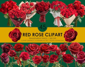 45 Red Roses Clipart: Realistic PNG Floral Graphics (Digital Download)