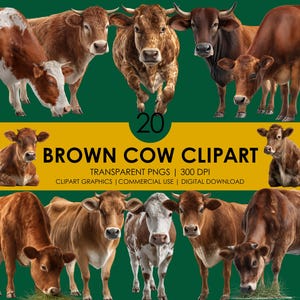 20 bruine koe clipart, bruine koe png, realistische boerderij dieren clipart, schattige koe graphics, melkkoe png, rustieke land clipart, vee png