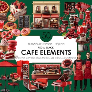 50 cliparts d'éléments de café, rouge et noir, clipart réaliste, boulangerie, café, Png, ensemble de cliparts, téléchargement immédiat, usage commercial