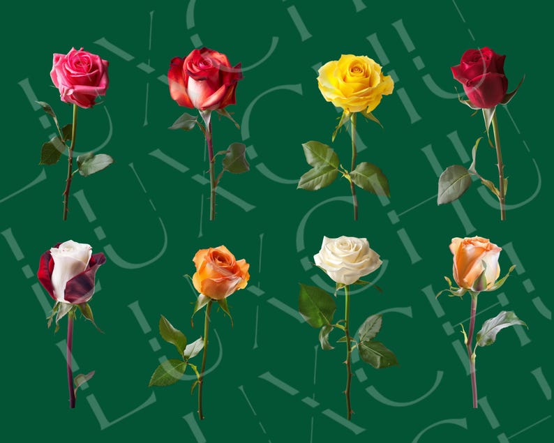 30 Stem Roses Clipart: Realistic Floral PNG Graphics (digital Download ...