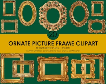 Realistic Ornate Picture Frame Clipart, Vintage Baroque Frame PNG, Gold & Antique Frame Graphics