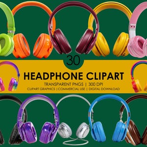Può includere: Una collezione di cuffie colorate in vari design, tra cui verde, arancione, bordeaux, giallo, rosa, arcobaleno, nero, viola, argento, blu e marrone. L'immagine include il testo "30 HEADPHONE CLIPART".