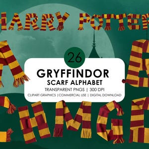 Puede incluir: Un conjunto de 26 letras del alfabeto hechas de tela a rayas rojas y doradas, que se asemejan a una bufanda de Gryffindor de la serie Harry Potter. Las letras están dispuestas en semicírculo, con la palabra "HARRY POTTER" en la parte superior.