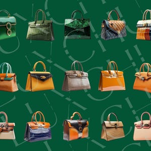 Pu&ograve; includere: Una collezione di 15 borse di design in vari colori e materiali, tra cui pelle, pelle di coccodrillo e tessuto. Le borse sono disposte in tre file di cinque, con ogni borsa che presenta un design e uno stile unici.