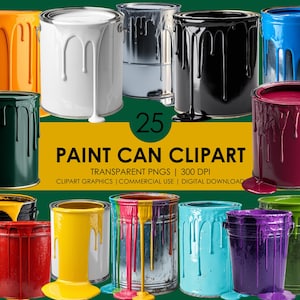 Puede incluir: Una colección de 25 imágenes prediseñadas de botes de pintura en varios colores, incluyendo naranja, blanco, plateado, negro, azul, verde oscuro, rojo, amarillo, turquesa, morado y verde. Cada bote tiene pintura goteando. Texto: PAINT CAN CLIPART.
