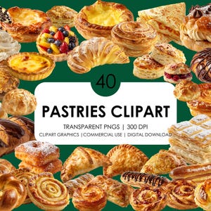 40 patisserie-clipart| Elementen voor café-clipart| Realistische clipart| Gebak-clipart| Voedselclipart| Sweet Treat-afbeeldingen| |Verse croissants