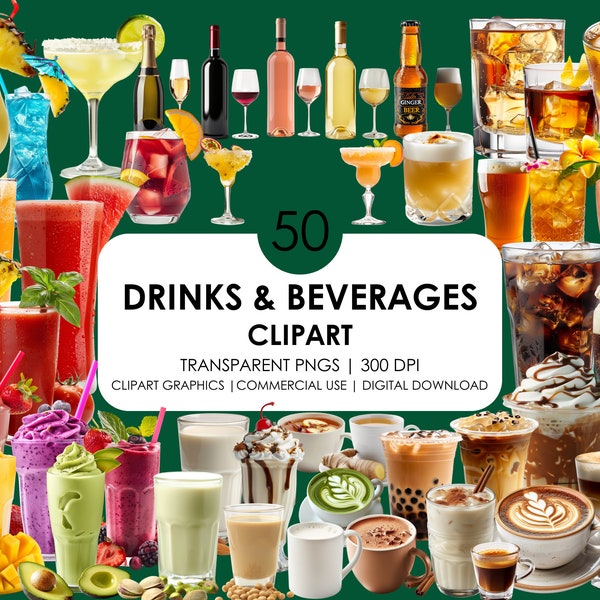 50 Drinks and Beverages clipart, High Quality PNG, Realistic Drinks and Beverages, Clipart Bundle, Digital Download, Commercial Use