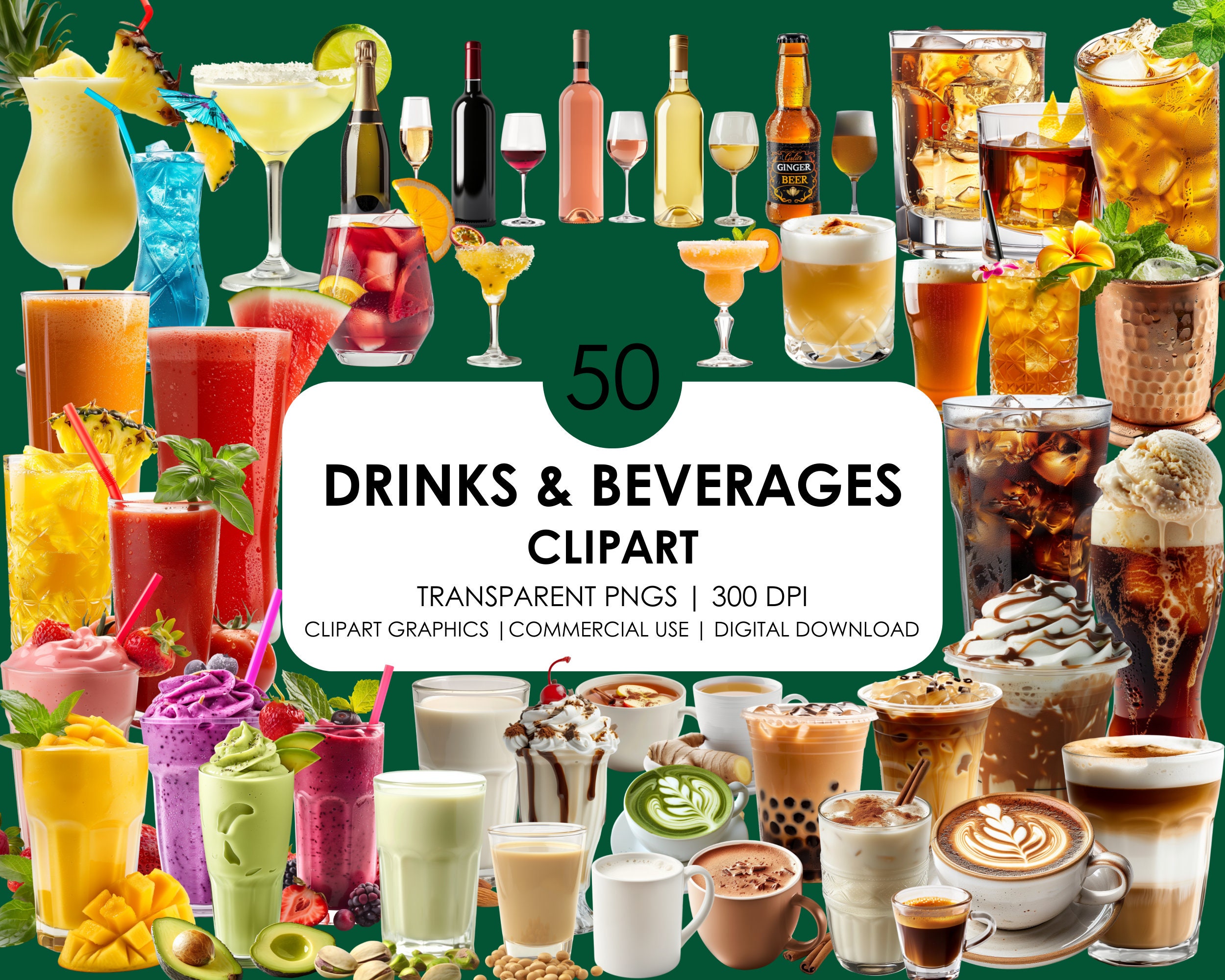 50 Drinks and Beverages clipart, High Quality PNG, Realistic Drinks and Beverages, Clipart Bundle, Digital Download, Commercial Use