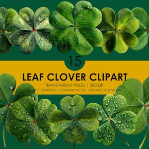 Può includere: Una collezione di trifogli verdi a quattro foglie con goccioline d'acqua, disposti su uno sfondo verde e giallo. L'immagine include il testo "15 LEAF CLOVER CLIPART" e dettagli sulla grafica.