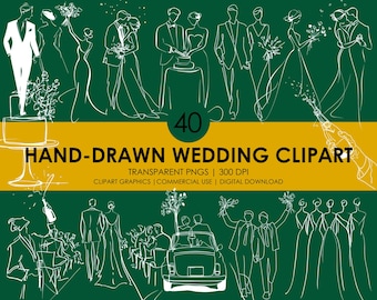 Hand-Drawn Wedding Clipart: Minimalist Line Art PNG (Digital Download)
