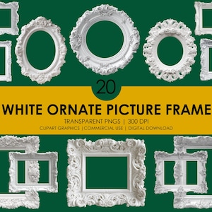 May include: A collection of twenty white ornate picture frames in various shapes, including rectangular and oval designs. The frames have detailed, textured surfaces and are set against a green background with yellow text that reads "WHITE ORNATE PICTURE FRAME".