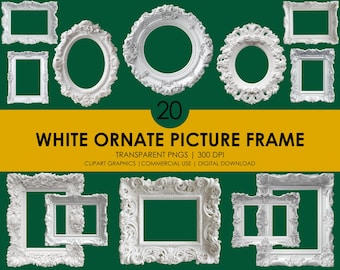 White Ornate Picture Frame Clipart, Elegant Vintage Frame PNG, Baroque Wedding Decor Graphics, Antique Wall Art Borders