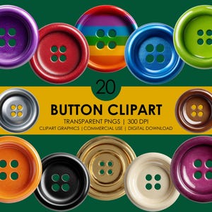 20 Button Clipart, Button PNG, Realistic clipart, Sewing Clipart, Colorful Button Graphics, Craft Supplies PNG, Cute Button Illustration