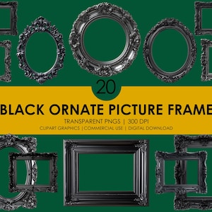 May include: A selection of twenty black ornate picture frames, featuring oval and rectangular shapes with intricate carvings. The image displays the frames against a green backdrop, with text reading "BLACK ORNATE PICTURE FRAME" in yellow.