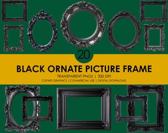 Black Ornate Picture Frame Clipart, Gothic Vintage Frame PNG, Dark Baroque Wall Art Borders, Antique Frame Graphics