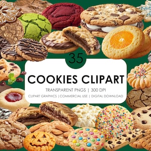 May include: A collection of 35 different cookie designs, including chocolate chip, sugar, gingerbread, and peanut butter cookies. The cookies are all in focus and have a variety of colors and textures. The image is perfect for use in a digital download for commercial use.
