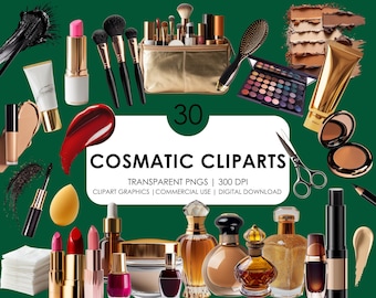 Puede incluir: Una colección de 30 gráficos de clipart cosméticos, que incluyen pinceles de maquillaje, lápiz labial, paletas de sombras de ojos, base de maquillaje, botellas de perfume y mucho más. Los gráficos son PNG transparentes con una resolución de 300 DPI. Son perfectos para uso comercial y descargas digitales.