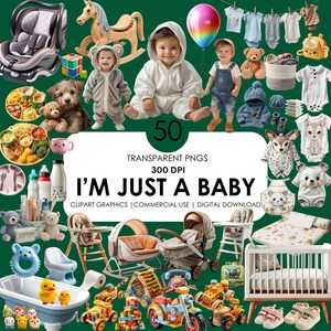 Eu sou apenas um bebê - 50 elementos relacionados a bebês clipart, bebê recém-nascido, clipart bebê, clipart realista, roupas, clipart de brinquedo, uso comercial