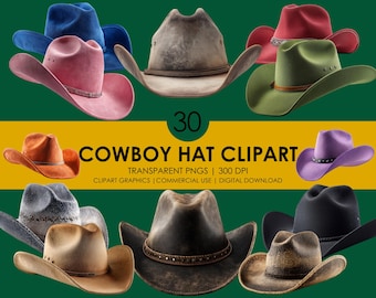 Cowboy Hat Clipart: Western Graphics, Country Fashion (PNG Digital Download, 30 Piece Set)