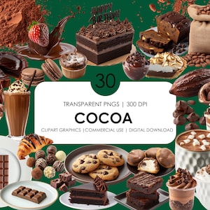 30 Cocoa & Chocolate Clipart| Cocoa PNG| Sweets Clipart Bundle|  Raw Cacao Beans| Chocolate Candy| Realistc Clipart| Instant Download