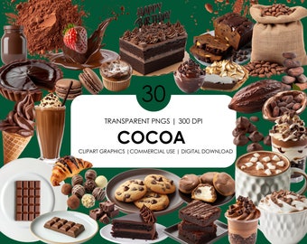 Imágenes prediseñadas de cacao y chocolate: paquete de dulces PNG, imágenes prediseñadas realistas (descarga digital)